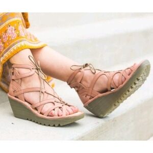 Fly London Yuke Lace Up Sandals 38 Pink Leather Wedge Gladiator